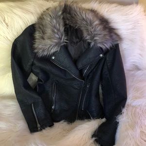 Faux leather jacket w/ faux fur collar